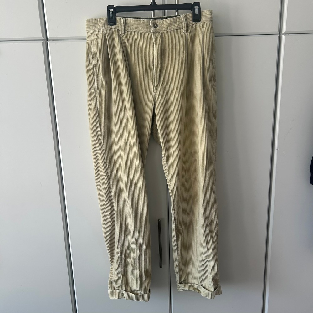 Club Room Mens Pleated Corduroy Pants 34x32 Tan Beige Wide Wale Cotton Trousers